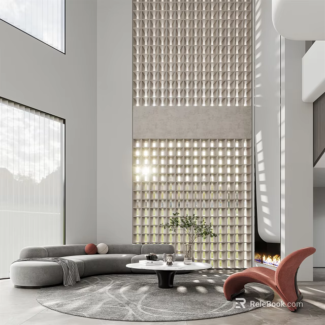 Duplex Living Room Modern Interior With Large Windows Decorative Wall And Comfortable Sofa 3d model