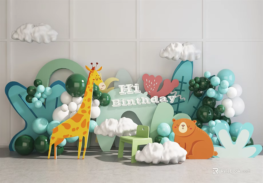 Colorful Birthday Party Setup With Cartoon Giraffe Bear Clouds And Balloons 3d model 