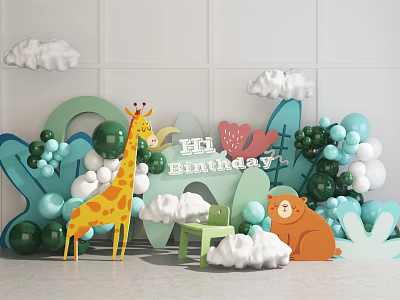 Colorful Birthday Party Setup With Cartoon Giraffe Bear Clouds And Balloons 3d model