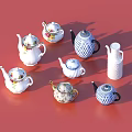 Assorted Ceramic Teapots And Kettle Dinnerware Set With Floral Blue Patterns On Red Background 3d model
