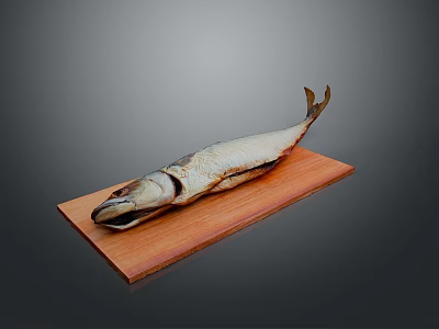 Whole Fish Placed on Natural Wooden Serving Board with Clean Background 3d model
