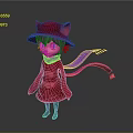 Cute Character In Red Coat With Cat Ear Hat Purple Scarf And Green Eyes