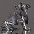 Mystical Flying Dragon with Multiple Heads Silver Scales Sharp Wings Standing Pose and Reflection