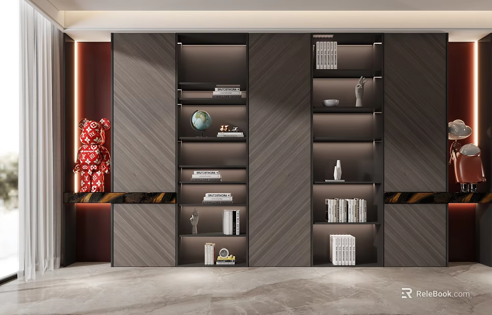 Modern Dark Wood Bookcase Interior with Multiple Shelves Featuring Books Globe Decorations and Sculptures 3d model 