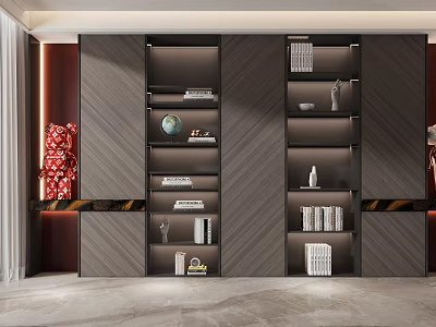 Modern Dark Wood Bookcase Interior with Multiple Shelves Featuring Books Globe Decorations and Sculptures 3d model