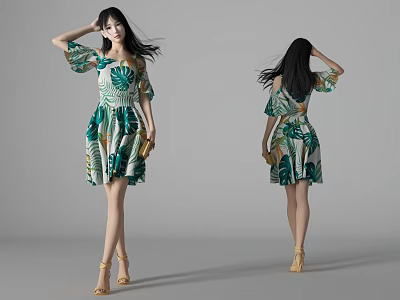 Woman Wearing Green Print Off Shoulder Dress with Gold Clutch Heels Front Back View 3d model