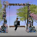 Scenic Photo Spot With Flower Arch Swing Pink Blue Flowers And Cherry Blossom Trees