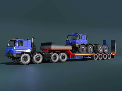 Two Blue Commercial Trucks Loaded On Flatbed Trailer Transport Scene 3d model