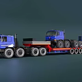 Two Blue Commercial Trucks Loaded On Flatbed Trailer Transport Scene