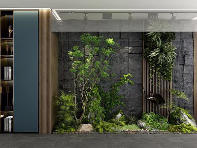 Indoor Garden Feature Design With Green Wall Diverse Plants And Decorative Stones 3d model