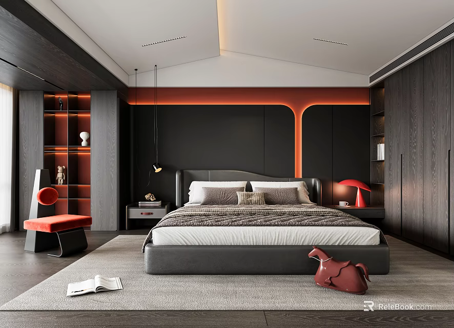 Modern Bedroom Interior With Black Walls Red Accents Wooden Wardrobes Gray Bed And Red Chair 3d model 