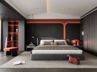 Modern Bedroom Interior With Black Walls Red Accents Wooden Wardrobes Gray Bed And Red Chair 3d model