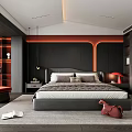 Modern Bedroom Interior With Black Walls Red Accents Wooden Wardrobes Gray Bed And Red Chair