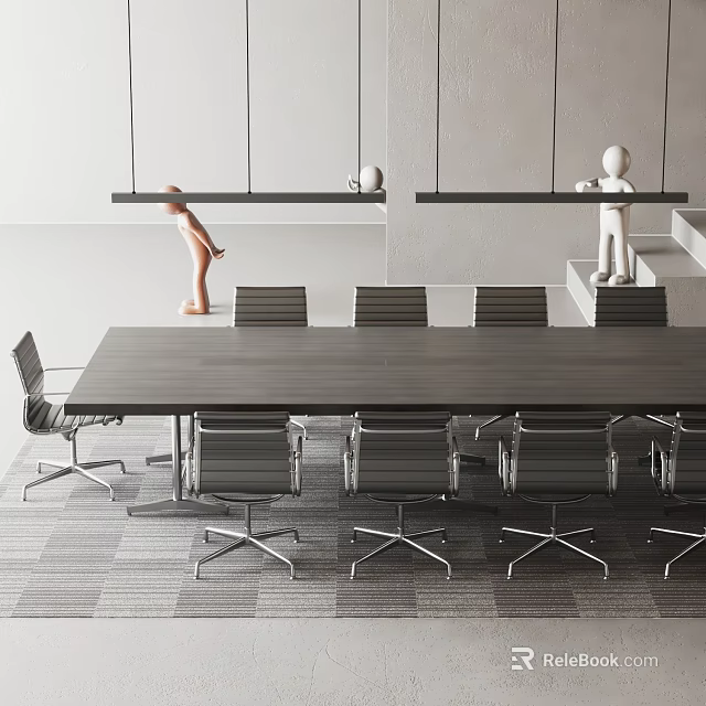 Modern Office Meeting Room Conference Table With Ergonomic Chairs Hanging Lights And Decorative Figures 3d model 