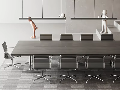 Modern Office Meeting Room Conference Table With Ergonomic Chairs Hanging Lights And Decorative Figures 3d model
