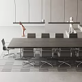 Modern Office Meeting Room Conference Table With Ergonomic Chairs Hanging Lights And Decorative Figures