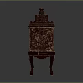 Antique Wooden Display Cabinet With Ornate Carvings And Animal Skull Inside