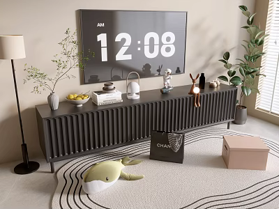Modern Slatted TV Stand with Clock Decorative Items Floor Lamp and Wavy Rug 3d model