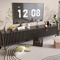 Modern Slatted TV Stand with Clock Decorative Items Floor Lamp and Wavy Rug