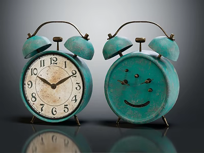 Turquoise Vintage Alarm Clocks With Classic Dial And Smiley Face Design 3d model