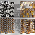 Modern Folding Room Screens With Geometric Patterns And Circular Gold Elements 3d model