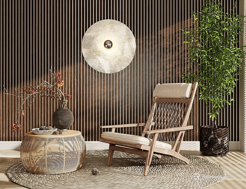 Wooden Leisure Chair With Woven Side Table Round Pendant Light Green Plant And Woven Rug 3d model 