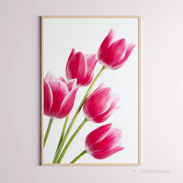 Pink Tulip Botanical Painting Framed Wall Art For Modern Home Decor 3d model 