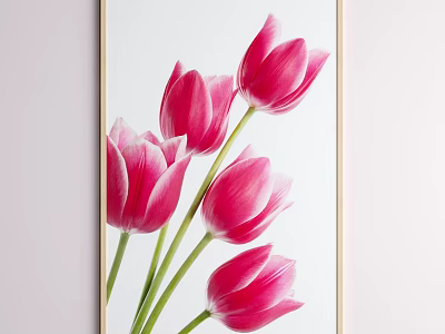 Pink Tulip Botanical Painting Framed Wall Art For Modern Home Decor 3d model