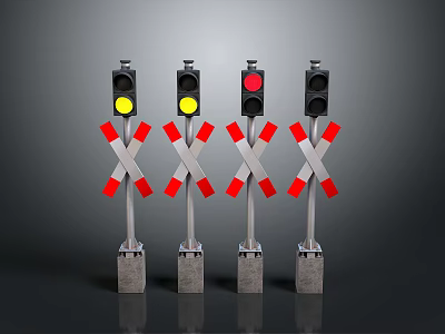 Railroad Crossing Signals With Red Crossbuck Barriers Yellow Red And Dark Lights 3d model