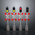 Railroad Crossing Signals With Red Crossbuck Barriers Yellow Red And Dark Lights