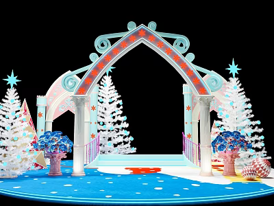Christmas Photo Spot With Arched Gateway White Christmas Trees Blue Flowers And Blue Floor 3d model