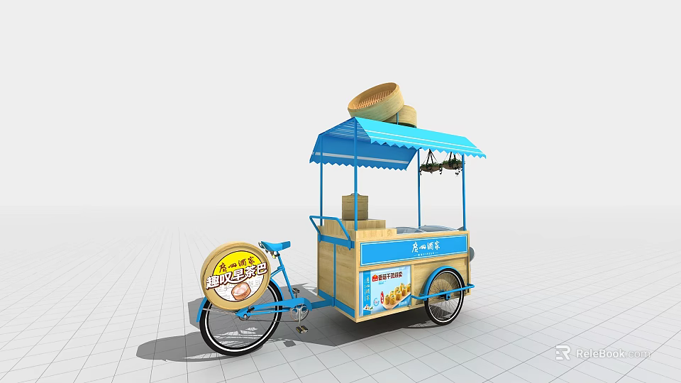Mobile Outdoor Food Promotion Stand With Blue Awning Tricycle Design And Crispy Corn Snacks Signage 3d model 