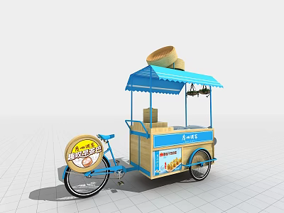 Mobile Outdoor Food Promotion Stand With Blue Awning Tricycle Design And Crispy Corn Snacks Signage 3d model