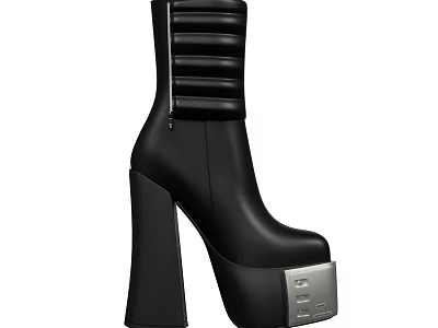 Black Leather Platform Boots With Block Heel Side Zipper And Metallic Sole Detail 3d model