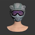 Light Blue Tactical Helmet With Purple Goggles And Circular Components On Mannequin Head Dark Background