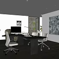 Modern Home Office With Dark Wooden Desk Ergonomic Chairs Computer Floor Lamp Large Abstract Painting