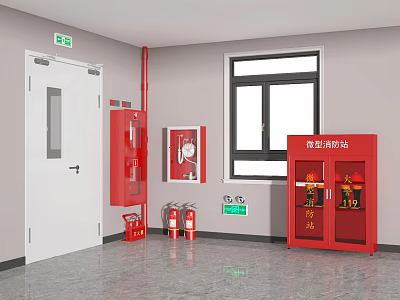 Fire Equipment Setup With Red Cabinets Extinguishers And Exit Signs In Indoor Area 3d model