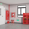 Fire Equipment Setup With Red Cabinets Extinguishers And Exit Signs In Indoor Area