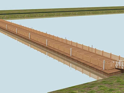 Garden Landscape Featuring Wooden Boardwalk Over Calm Water Surface And Green Grassland 3d model