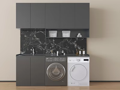 Modern Kitchen Space With Gray Cabinets Black Marble Backsplash Washing Machine And Dryer 3d model