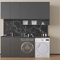 Modern Kitchen Space With Gray Cabinets Black Marble Backsplash Washing Machine And Dryer