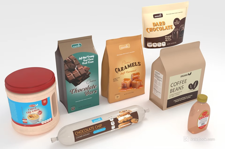 Assorted Packaged Food Products with Chocolate Caramels Coffee Beans Cream Honey and Chocolate Spread 3d model 