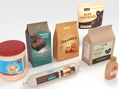 Assorted Packaged Food Products with Chocolate Caramels Coffee Beans Cream Honey and Chocolate Spread 3d model