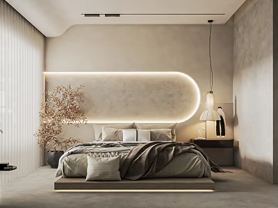 Modern Hotel Guest Room Minimalist Design Curved Headboard Wall With LED Strip Lighting Potted Plant 3d model