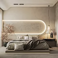 Modern Hotel Guest Room Minimalist Design Curved Headboard Wall With LED Strip Lighting Potted Plant