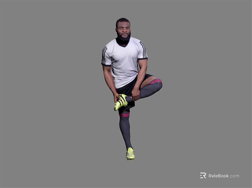 Man Stretching Leg In Athletic Wear With White Shirt Black Shorts And Yellow Sneakers 3d model 