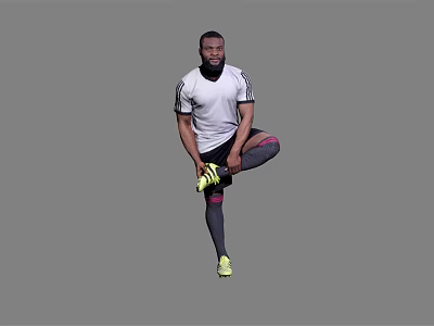 Man Stretching Leg In Athletic Wear With White Shirt Black Shorts And Yellow Sneakers 3d model
