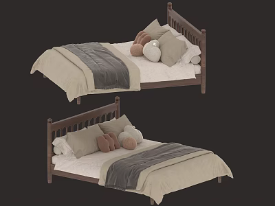 Cozy Wooden Bed Interior Design With Gray Beige Bedding And Plush Pillows 3d model
