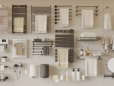 Modern Bathroom Accessories Including Towel Racks Shelves Toilet Paper Holders and Toiletries 3d model