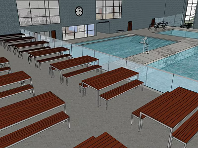 Indoor Swimming Pool Area With Wooden Tables Benches Glass Fencing Windows And Clock 3d model